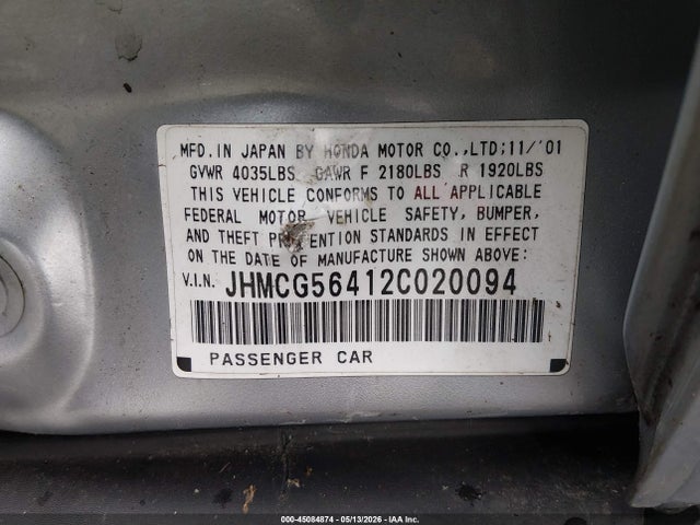 Aukcja sprzedaży 2002 Honda Accord 2.3 Lx, vin: JHMCG56412C020094, numer aukcji: 45084874