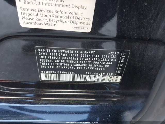 2014 Volkswagen Gti Driver's Edition მანქანა იყიდება აუქციონზე, vin: WVWGD7AJ2EW007345, აუქციონის ნომერი: 45084878