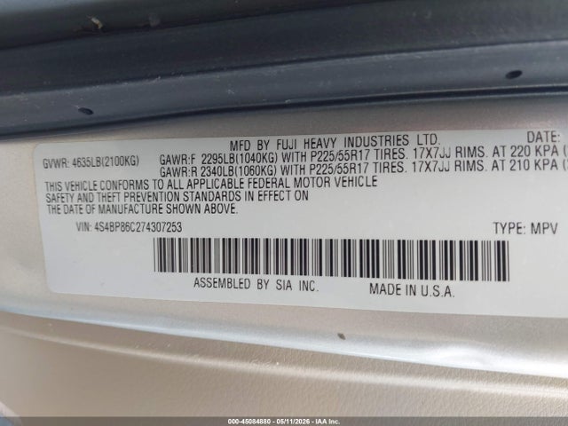 2007 Subaru Outback 3.0r L.l. Bean Edition მანქანა იყიდება აუქციონზე, vin: 4S4BP86C274307253, აუქციონის ნომერი: 45084880