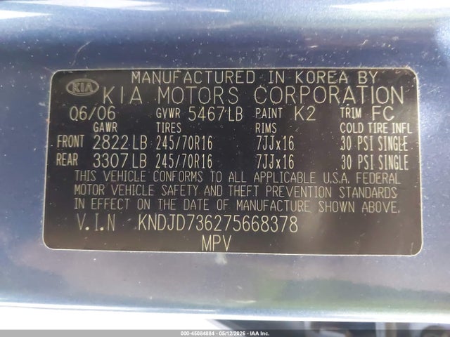 45084884 :رقم المزاد ، KNDJD736275668378 vin ، 2007 Kia Sorento Lx مزاد بيع