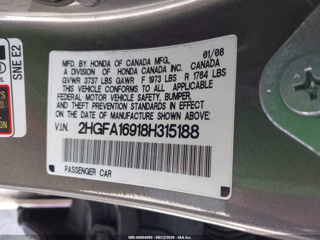 Продажа на аукционе авто 2008 Honda Civic Ex-l, vin: 2HGFA16918H315188, номер лота: 45084890