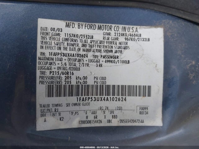 Продажа на аукционе авто 2004 Ford Taurus Se, vin: 1FAFP53UX4A102624, номер лота: 45084906