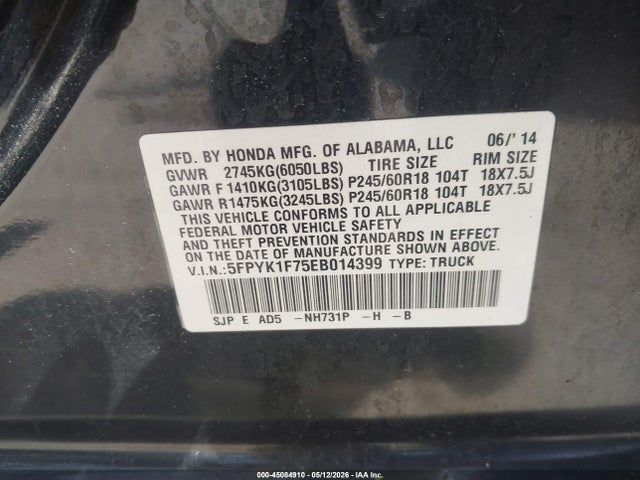 45084910 :رقم المزاد ، 5FPYK1F75EB014399 vin ، 2014 Honda Ridgeline Sport مزاد بيع
