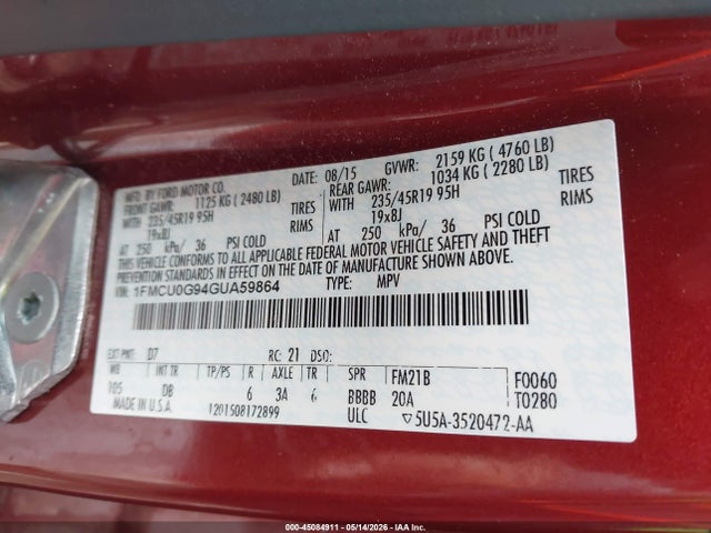 45084911 :رقم المزاد ، 1FMCU0G94GUA59864 vin ، 2016 Ford Escape Se مزاد بيع