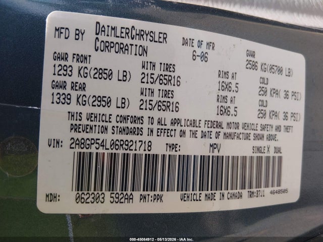 Продаж на аукціоні авто 2006 Chrysler Town & Country Touring, vin: 2A8GP54L06R921718, номер лоту: 45084912