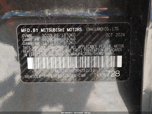 Продаж на аукціоні авто 2024 Mitsubishi Mirage Es/le, vin: ML32AUHJ7RH032133, номер лоту: 45084914