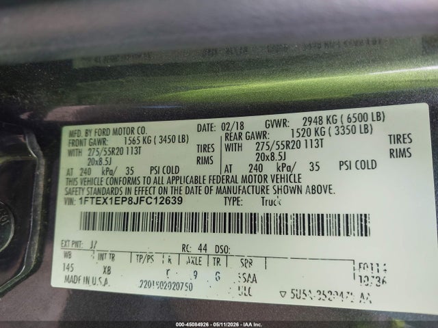 Aukcja sprzedaży 2018 Ford F-150 Xlt, vin: 1FTEX1EP8JFC12639, numer aukcji: 45084926