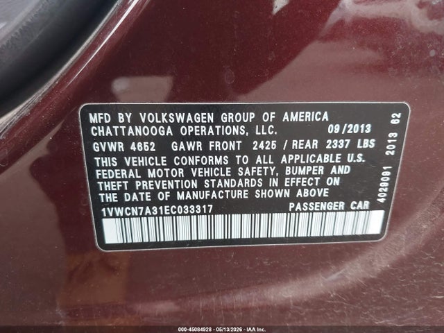 Aukcja sprzedaży 2014 Volkswagen Passat 2.0l Tdi Sel Premium, vin: 1VWCN7A31EC033317, numer aukcji: 45084928