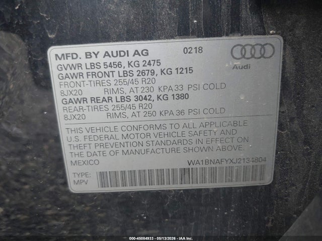 Aukcja sprzedaży 2018 Audi Q5 2.0t Premium/2.0t Tech Premium, vin: WA1BNAFYXJ2134804, numer aukcji: 45084933