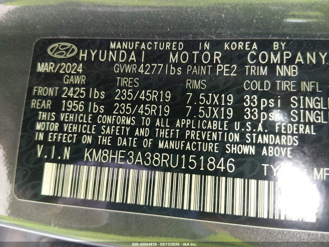 2024 Hyundai Kona Limited მანქანა იყიდება აუქციონზე, vin: KM8HE3A38RU151846, აუქციონის ნომერი: 45084939