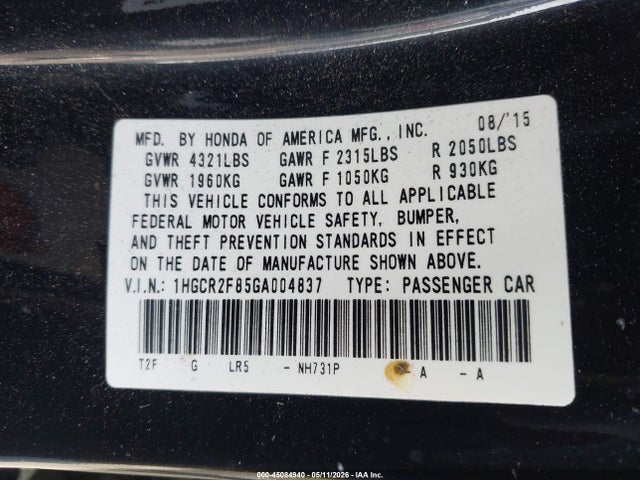 1HGCR2F85GA004837 Honda Accord Ex-l