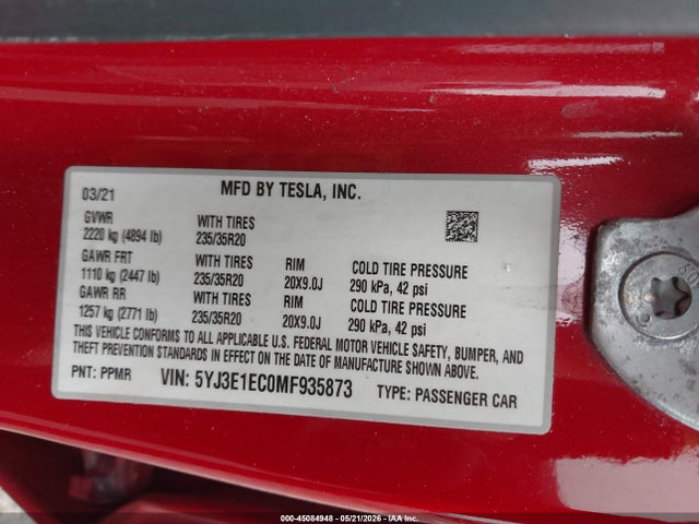 45084948 :رقم المزاد ، 5YJ3E1EC0MF935873 vin ، 2021 Tesla Model 3 Performance Dual Motor All-wheel Drive مزاد بيع