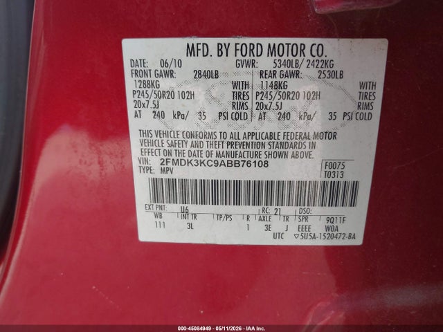 Продаж на аукціоні авто 2010 Ford Edge Limited, vin: 2FMDK3KC9ABB76108, номер лоту: 45084949