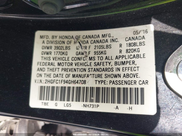 45084950 :رقم المزاد ، 2HGFC1F94GH647084 vin ، 2016 Honda Civic Touring مزاد بيع