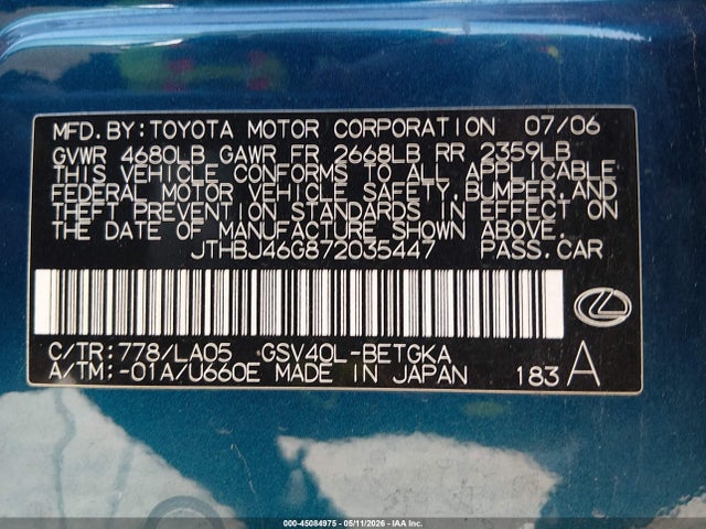 2007 Lexus Es 350 მანქანა იყიდება აუქციონზე, vin: JTHBJ46G872035447, აუქციონის ნომერი: 45084975
