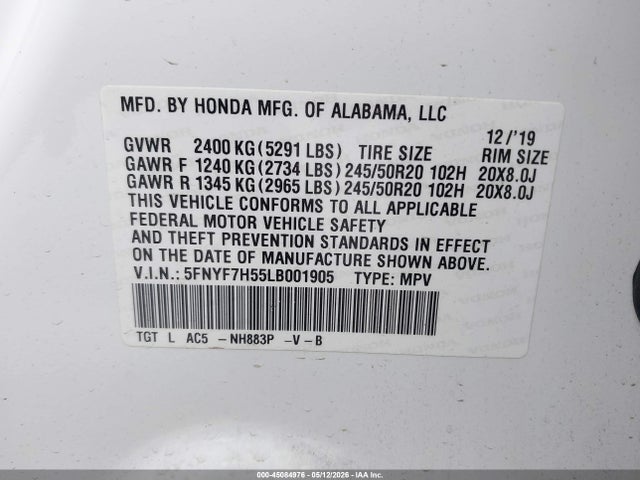 5FNYF7H55LB001905 Honda Passport 2wd Ex-l