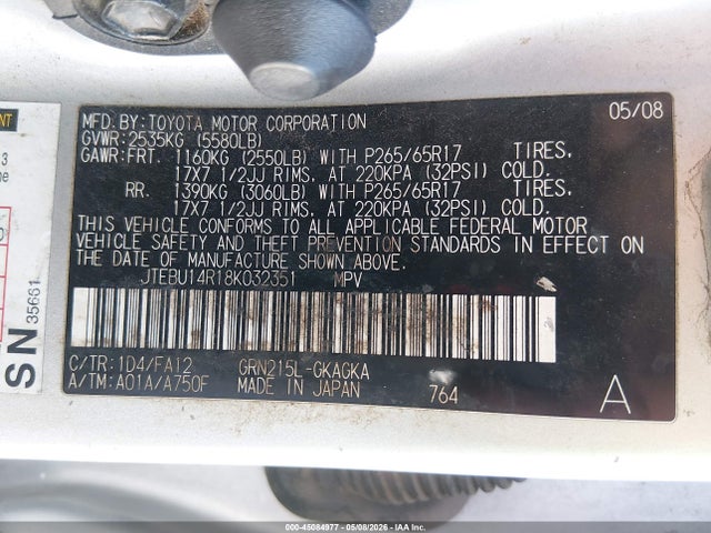 2008 Toyota 4runner Sr5 V6 მანქანა იყიდება აუქციონზე, vin: JTEBU14R18K032351, აუქციონის ნომერი: 45084977