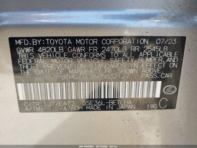 45084981 :رقم المزاد ، JTHGZ1E26P5032127 vin ، 2023 Lexus Is 350 F Sport مزاد بيع