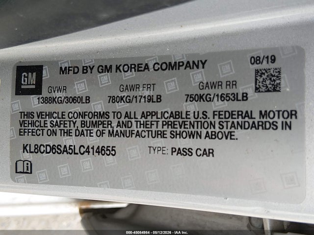 2020 Chevrolet Spark Fwd 1lt Automatic მანქანა იყიდება აუქციონზე, vin: KL8CD6SA5LC414655, აუქციონის ნომერი: 45084984
