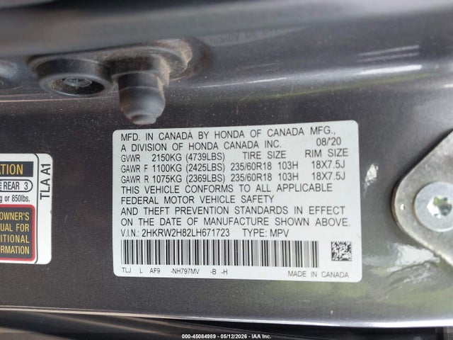 2020 Honda Cr-v Awd Ex-l მანქანა იყიდება აუქციონზე, vin: 2HKRW2H82LH671723, აუქციონის ნომერი: 45084989