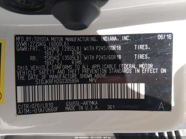 Toyota Highlander Xle V6 2016 5TDJKRFH2GS305894 Image 9