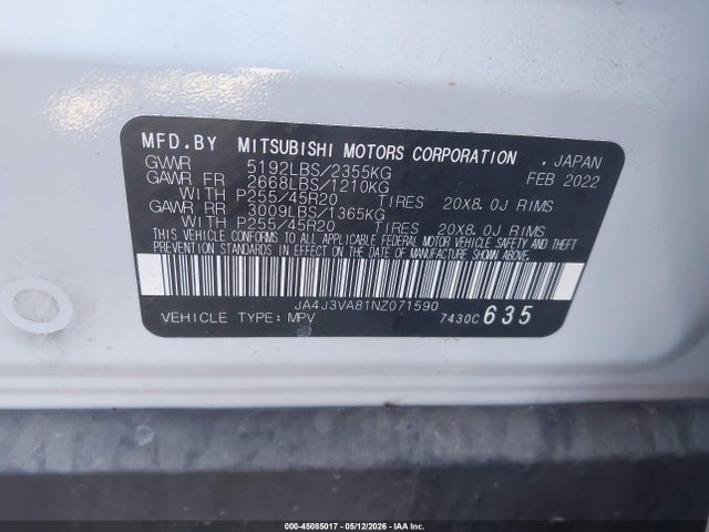 Продаж на аукціоні авто 2022 Mitsubishi Outlander Sel 2.5 2wd/sel Special Edition 2wd, vin: JA4J3VA81NZ071590, номер лоту: 45085017