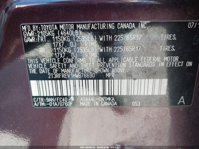 2T3RFREV1HW676690 Toyota Rav4 Xle