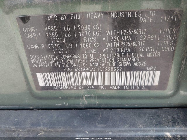 45085027 :رقم المزاد ، 4S4BRCAC1C3228662 vin ، 2012 Subaru Outback 2.5i مزاد بيع