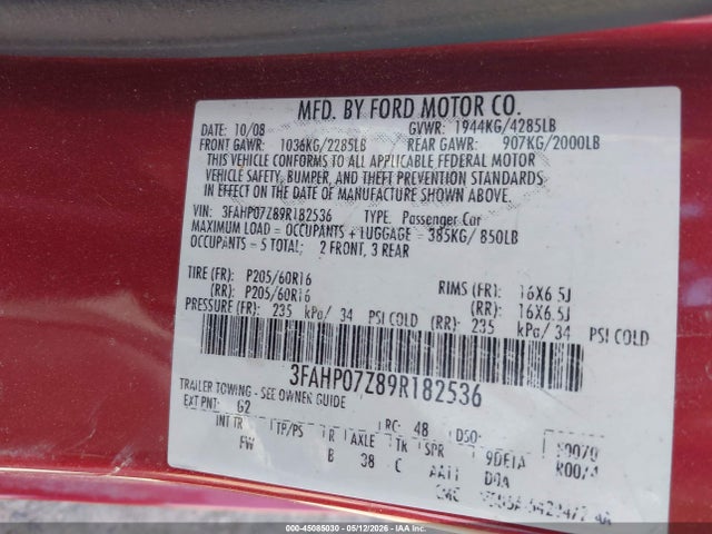 Продажа на аукционе авто 2009 Ford Fusion Se, vin: 3FAHP07Z89R182536, номер лота: 45085030