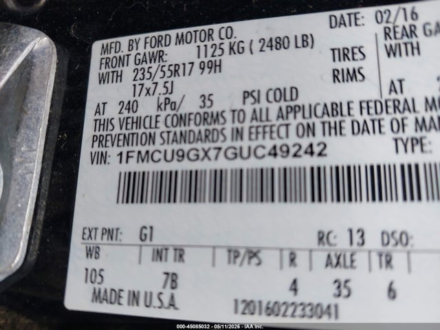 45085032 :رقم المزاد ، 1FMCU9GX7GUC49242 vin ، 2016 Ford Escape Se مزاد بيع
