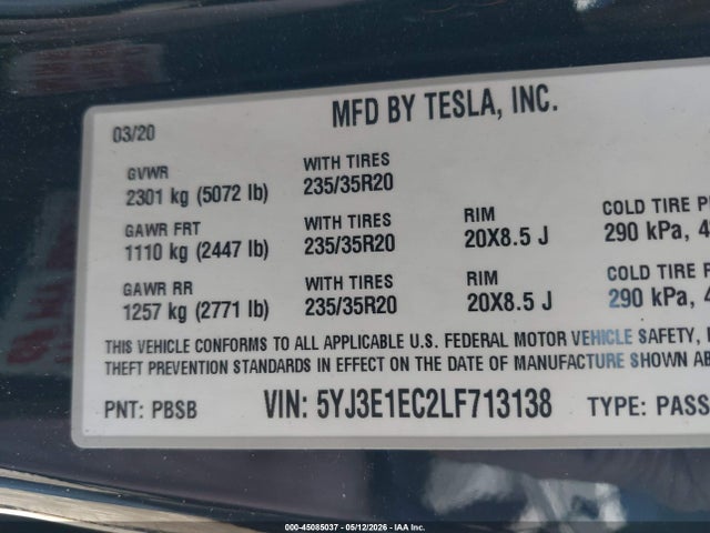 Aukcja sprzedaży 2020 Tesla Model 3 Performance Dual Motor All-wheel Drive, vin: 5YJ3E1EC2LF713138, numer aukcji: 45085037