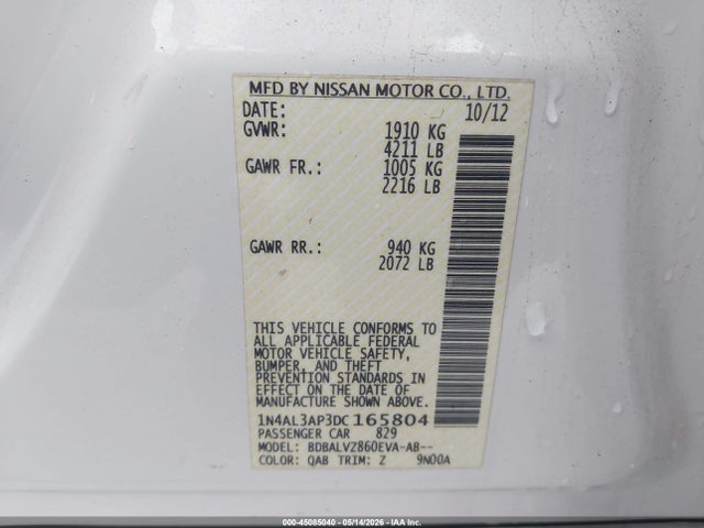 Продажа на аукционе авто 2013 Nissan Altima 2.5 Sl, vin: 1N4AL3AP3DC165804, номер лота: 45085040