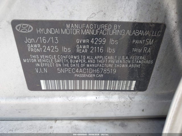 45085044 :رقم المزاد ، 5NPEC4AC1DH678519 vin ، 2013 Hyundai Sonata Limited مزاد بيع