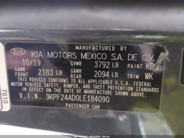 2020 Kia Forte Lxs მანქანა იყიდება აუქციონზე, vin: 3KPF24AD0LE184090, აუქციონის ნომერი: 45085047