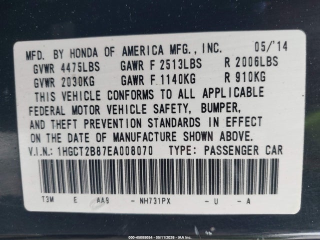 Aukcja sprzedaży 2014 Honda Accord Ex-l V-6, vin: 1HGCT2B87EA008070, numer aukcji: 45085054
