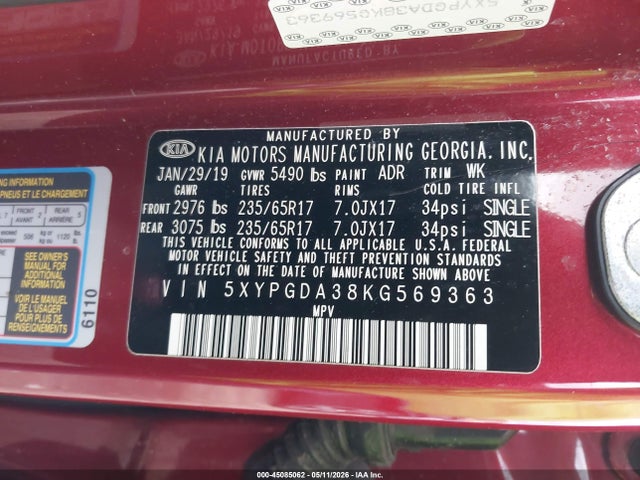 45085062 :رقم المزاد ، 5XYPGDA38KG569363 vin ، 2019 Kia Sorento 2.4l Lx مزاد بيع
