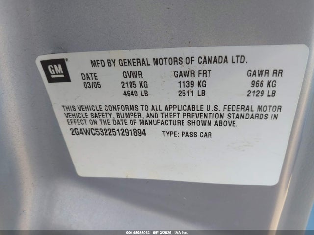 Aukcja sprzedaży 2005 Buick Lacrosse Cx, vin: 2G4WC532251291894, numer aukcji: 45085063