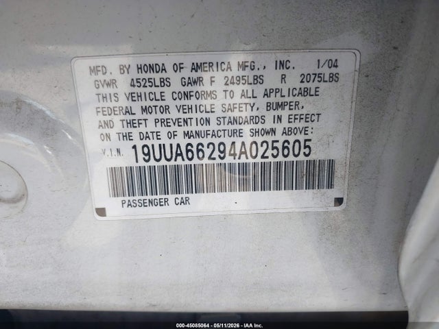 45085064 :رقم المزاد ، 19UUA66294A025605 vin ، 2004 Acura Tl مزاد بيع