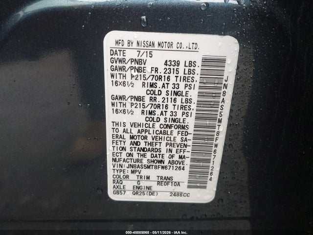 Продажа на аукционе авто 2015 Nissan Rogue Select S, vin: JN8AS5MT8FW671264, номер лота: 45085068
