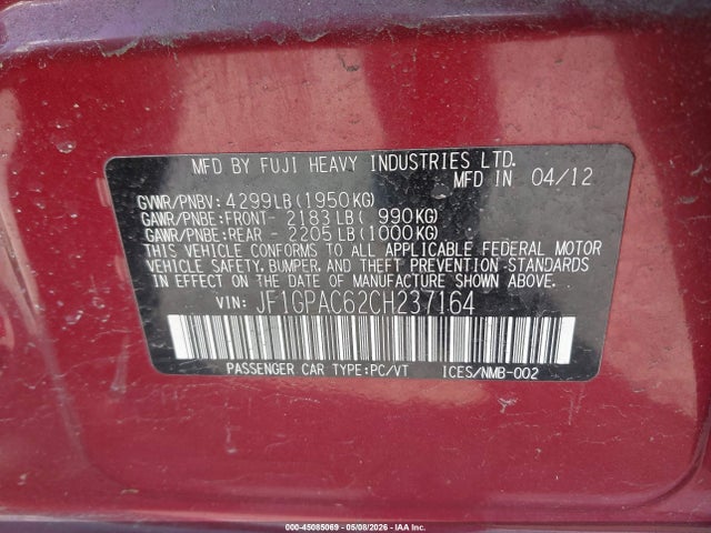 Aukcja sprzedaży 2012 Subaru Impreza 2.0i Premium, vin: JF1GPAC62CH237164, numer aukcji: 45085069