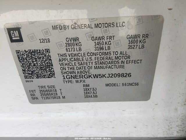 1GNERGKW5KJ209826 Chevrolet Traverse 1lt