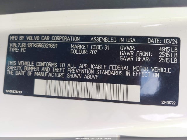 Продаж на аукціоні авто 2024 Volvo S60 B5 Core Dark Theme, vin: 7JRL12FK6RG321691, номер лоту: 45085075