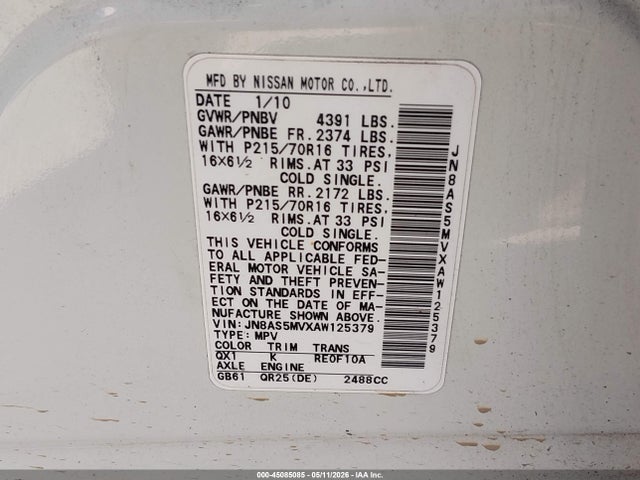 Продаж на аукціоні авто 2010 Nissan Rogue S, vin: JN8AS5MVXAW125379, номер лоту: 45085085