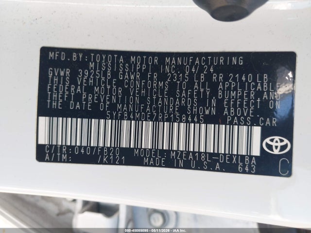 Aukcja sprzedaży 2024 Toyota Corolla Le, vin: 5YFB4MDE7RP158445, numer aukcji: 45085095
