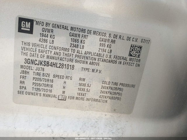 Aukcja sprzedaży 2017 Chevrolet Trax Ls, vin: 3GNCJKSB4HL281018, numer aukcji: 45085112