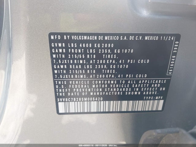 45085118 :رقم المزاد ، 3VV8C7B28SM005420 vin ، 2025 Volkswagen Taos 1.5t S مزاد بيع