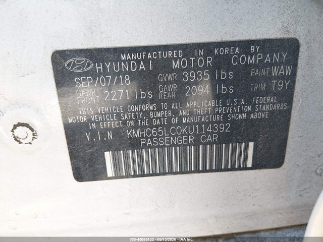 Aukcja sprzedaży 2019 Hyundai Ioniq Hybrid Blue, vin: KMHC65LC0KU114392, numer aukcji: 45085122