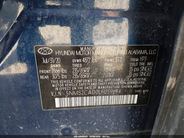 Продажа на аукционе авто 2020 Hyundai Santa Fe Se, vin: 5NMS2CAD0LH259694, номер лота: 45085127