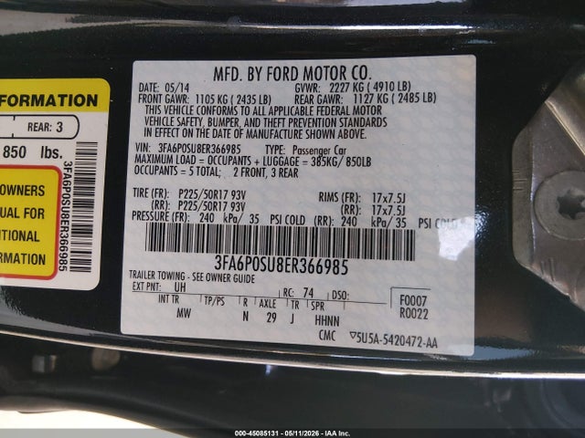 45085131 :رقم المزاد ، 3FA6P0SU8ER366985 vin ، 2014 Ford Fusion Energi Titanium مزاد بيع