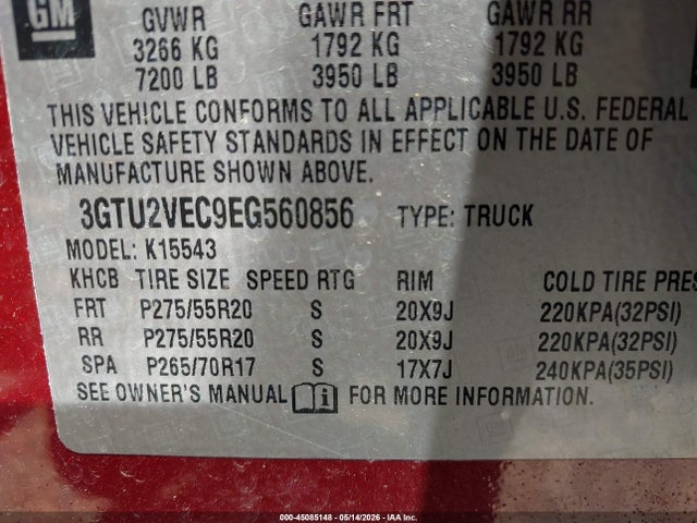 2014 Gmc Sierra 1500 Slt მანქანა იყიდება აუქციონზე, vin: 3GTU2VEC9EG560856, აუქციონის ნომერი: 45085148